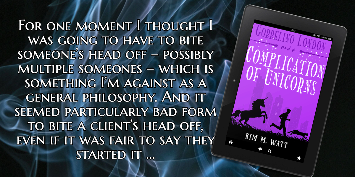 Gobbelino London, book 3, chapter 1, complication of unicorns, excerpt, urban fantasy, funny